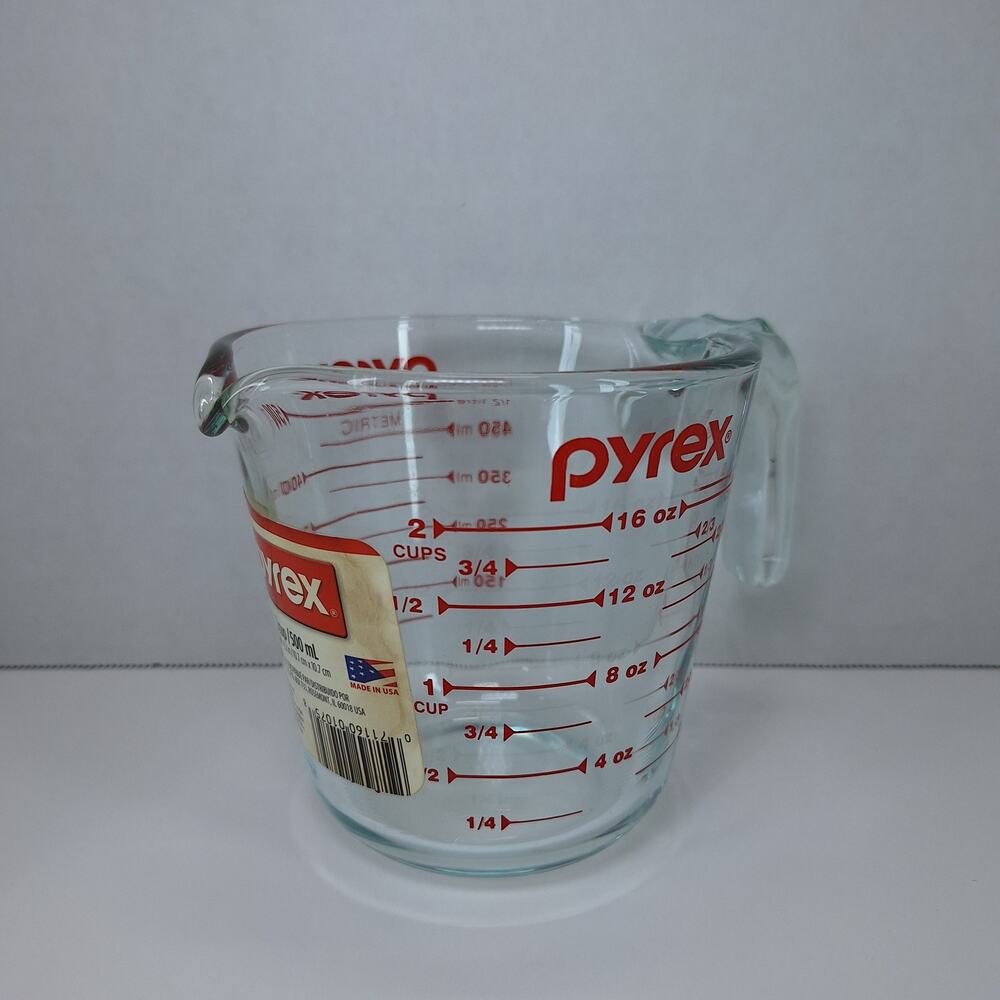 Pyrex 2 Cup 16oz 500mL Liquid Glass Measuring Cup Red Lettering J Handle